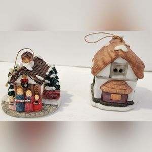 Vintage Lot Of 2 Christmas House Ornaments Dickens Village House & Crystal Falls
